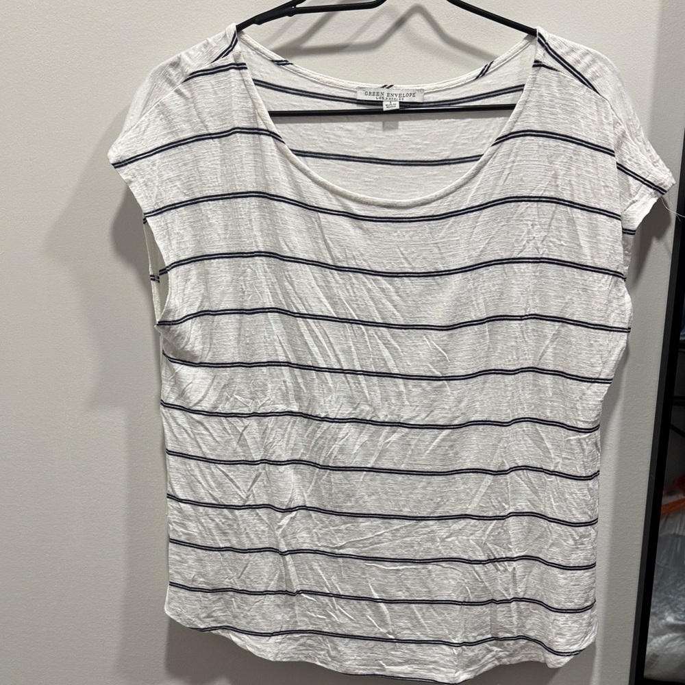 Green Envelope White Tee with Navy Stripe Scoop Neck